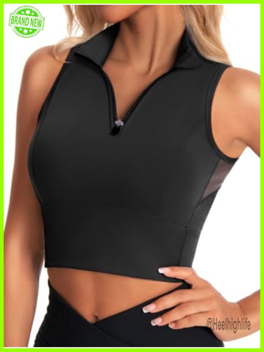 Zip Front Cropped Workout Tank Top with Built-in Bra - 83% Nylon 66 / 17% Lycra